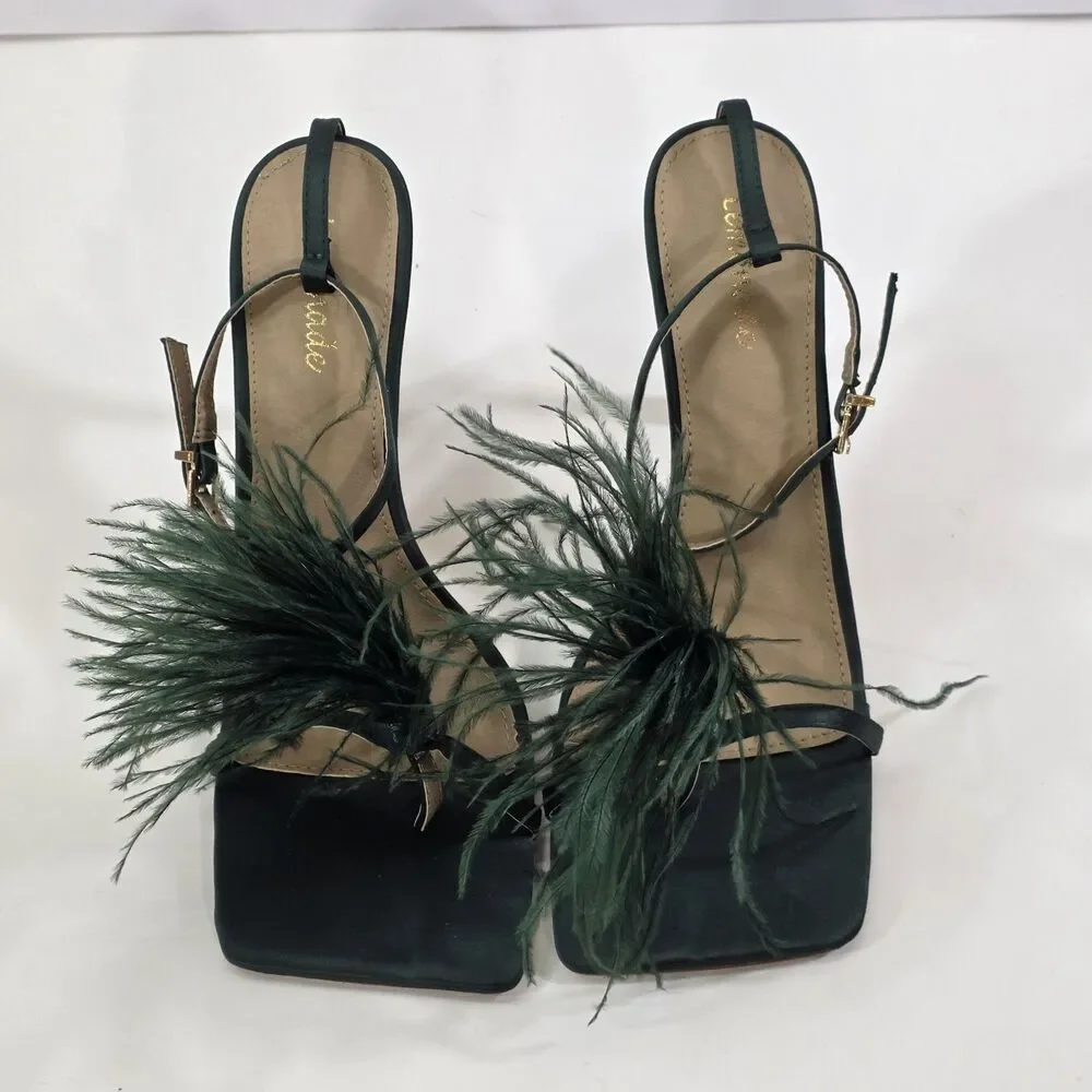 Lemonade Feather Heels Womens 7.5 Green Satin Ankle Strap Stiletto Party Glam...